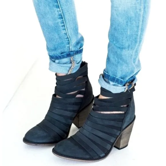 Free People Hybrid Heel Boots Black Leather Destroyed Strappy Edgy Ankle Booties