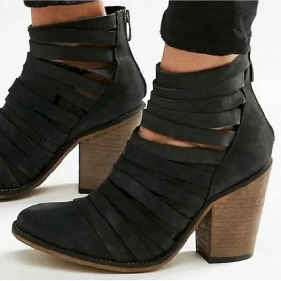 Free People Hybrid Heel Boots Black Leather Destroyed Strappy Edgy Ankle Booties