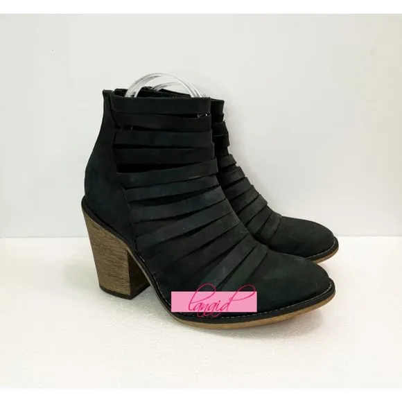 Free People Hybrid Heel Boots Black Leather Destroyed Strappy Edgy Ankle Booties