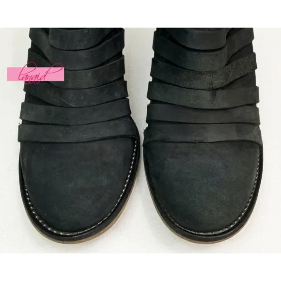 Free People Hybrid Heel Boots Black Leather Destroyed Strappy Edgy Ankle Booties