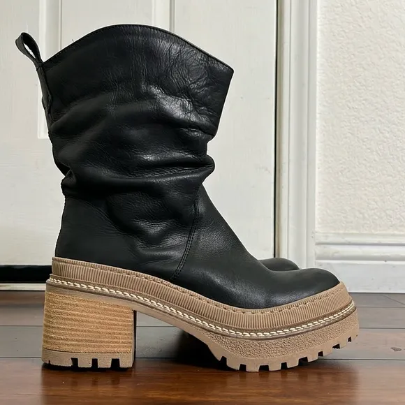 Free People Mel Slouch Boot size 9 Leather Chunky Platform Black Grunge Like New