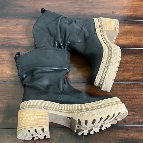 Free People Mel Slouch Boot size 9 Leather Chunky Platform Black Grunge Like New