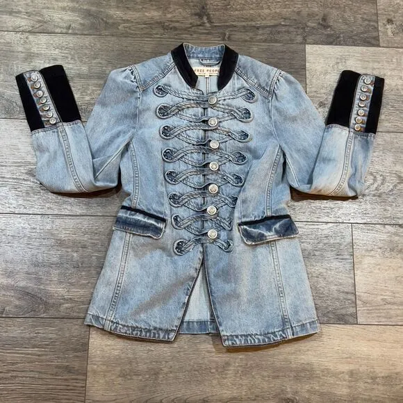 Free People Seamed and Structured Military Blue Denim Jacket - Women's Size XS