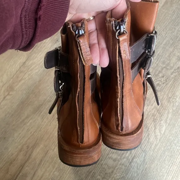 Free People Sunbelt Santa Fe Moto Boot Leather 3 Buckle Back Zip Brown size 37/7