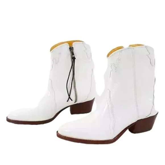Free People New Frontier White Patent Leather Western Booties OB888602 Size 6