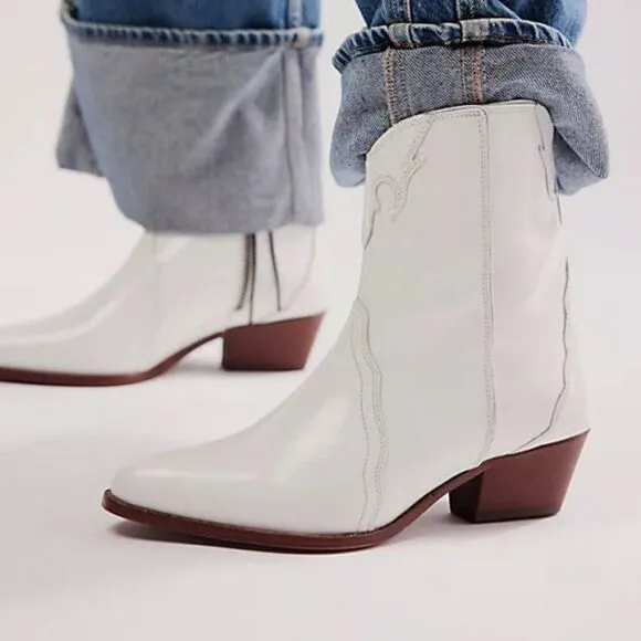 Free People New Frontier White Patent Leather Western Booties OB888602 Size 6