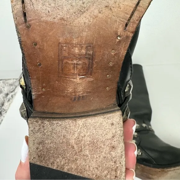 Frye black leather studded detail tall boots minimalist grunge western shoes