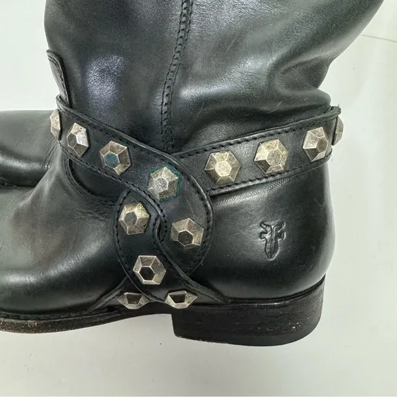Frye black leather studded detail tall boots minimalist grunge western shoes