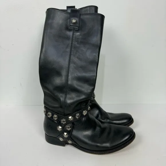 Frye black leather studded detail tall boots minimalist grunge western shoes