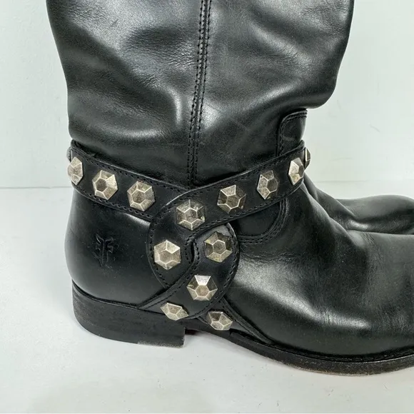 Frye black leather studded detail tall boots minimalist grunge western shoes