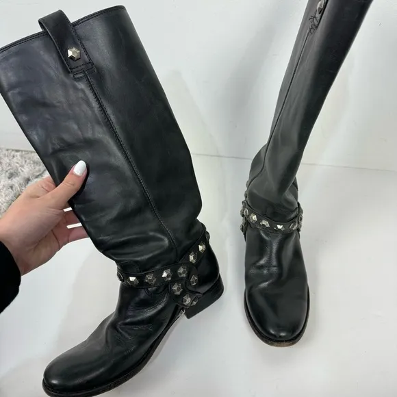 Frye black leather studded detail tall boots minimalist grunge western shoes