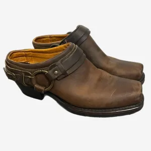 Frye Miles Clogs Mules Brown Leather Belted Harness Motorcycle USA Sz 10