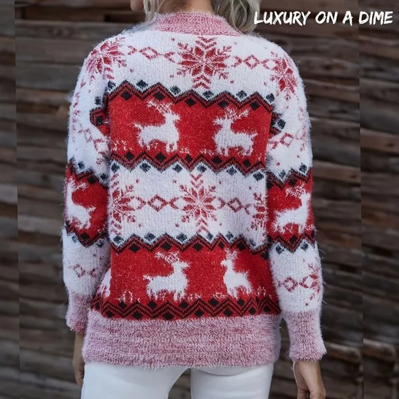 Fuzzy Fair Isle Snowflake Reindeer Red Knit Shirt Holiday Minimalist Sweater Top