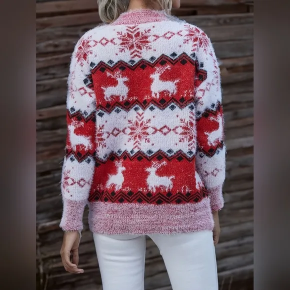 Fuzzy Fair Isle Snowflake Reindeer Red Knit Shirt Holiday Minimalist Sweater Top