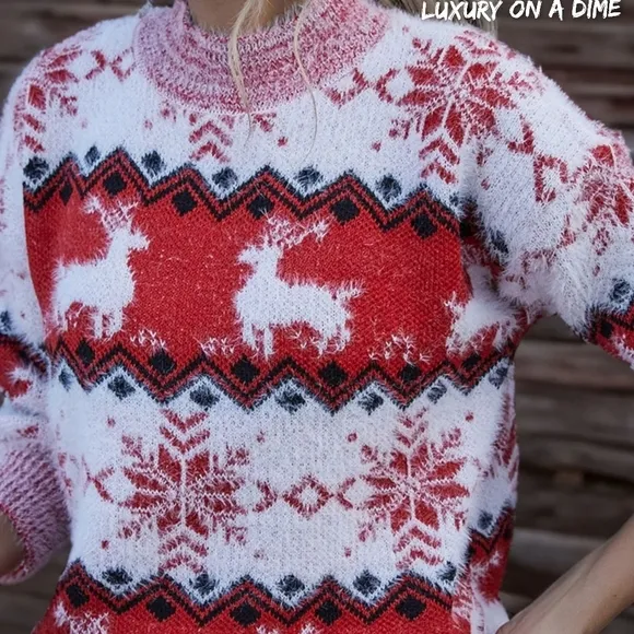 Fuzzy Fair Isle Snowflake Reindeer Red Knit Shirt Holiday Minimalist Sweater Top