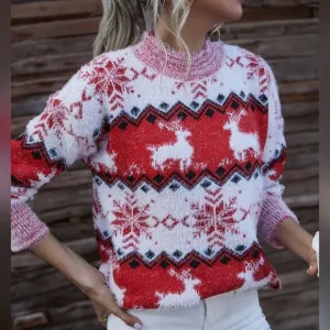Fuzzy Fair Isle Snowflake Reindeer Red Knit Shirt Holiday Minimalist Sweater Top