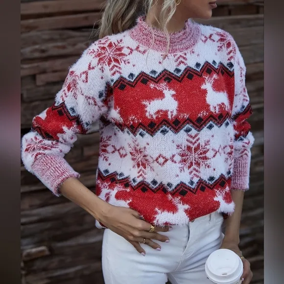 Fuzzy Fair Isle Snowflake Reindeer Red Knit Shirt Holiday Minimalist Sweater Top