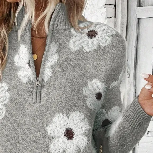 Fuzzy Half-Zip Pullover Daisy Retro Flower Top Eyelash Knit Henley Neck Sweater