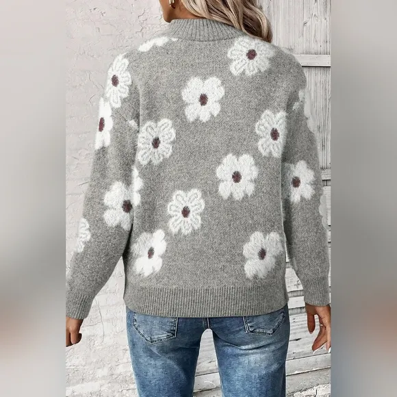 Fuzzy Half-Zip Pullover Daisy Retro Flower Top Eyelash Knit Henley Neck Sweater