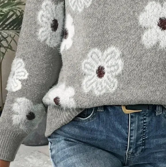 Fuzzy Half-Zip Pullover Daisy Retro Flower Top Eyelash Knit Henley Neck Sweater
