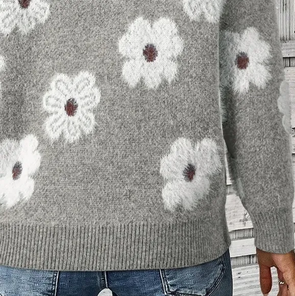 Fuzzy Half-Zip Pullover Daisy Retro Flower Top Eyelash Knit Henley Neck Sweater