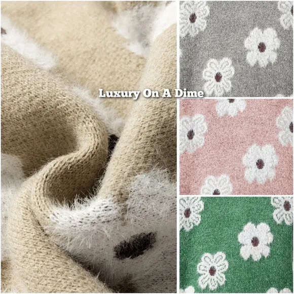 Fuzzy Half-Zip Pullover Daisy Retro Flower Top Eyelash Knit Henley Neck Sweater
