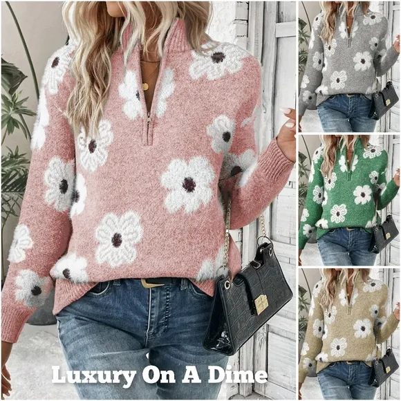 Fuzzy Half-Zip Pullover Daisy Retro Flower Top Eyelash Knit Henley Neck Sweater