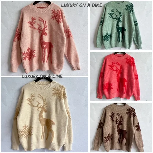 Fuzzy Reindeer Snowflake Knit Round Neck Winter Soft Print Sweater Minimalist