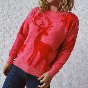 Fuzzy Reindeer Snowflake Knit Round Neck Winter Soft Print Sweater Minimalist