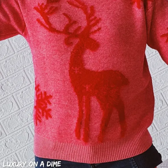 Fuzzy Reindeer Snowflake Knit Round Neck Winter Soft Print Sweater Minimalist