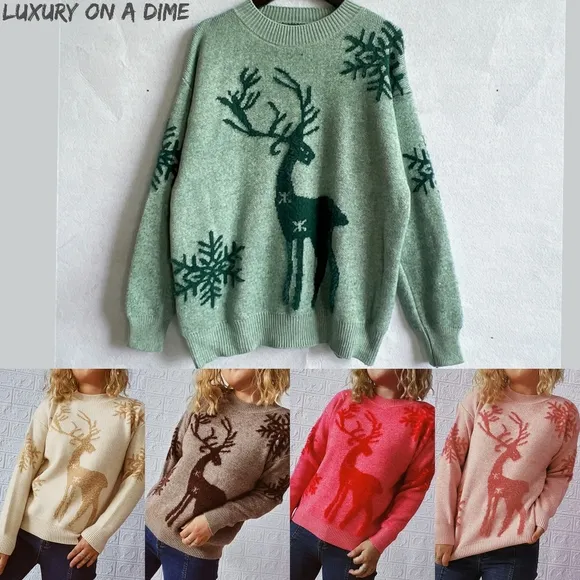 Fuzzy Reindeer Snowflake Knit Round Neck Winter Soft Print Sweater Minimalist