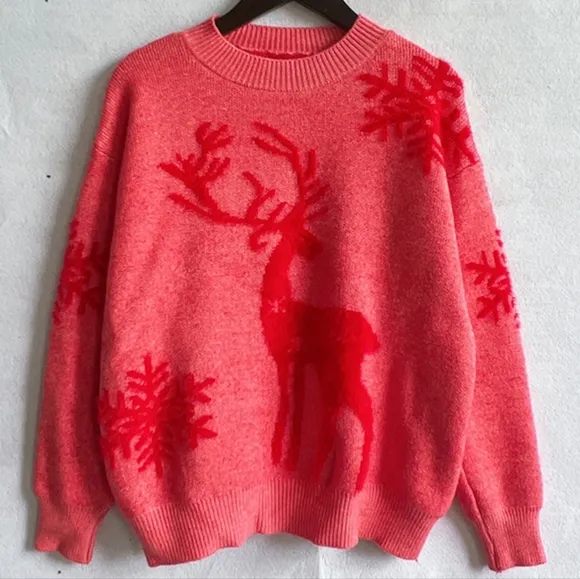Fuzzy Reindeer Snowflake Knit Round Neck Winter Soft Print Sweater Minimalist