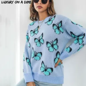 Fuzzy Shag Monarch Butterfly Raised Bold Color Knit Pullover Sweater Shirt