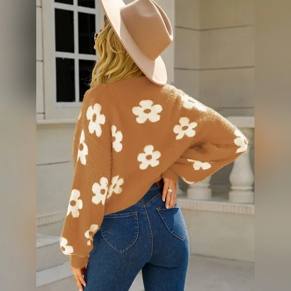 Fuzzy Soft Knit Daisy Flower Print Open Front Color Contrasting Cardigan Sweater