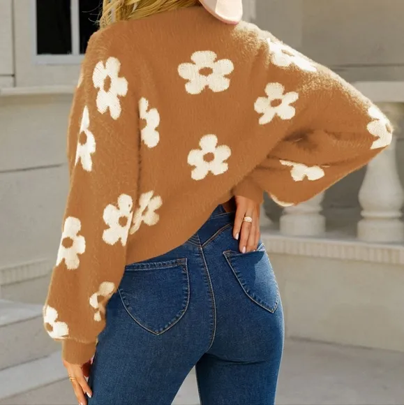 Fuzzy Soft Knit Daisy Flower Print Open Front Color Contrasting Cardigan Sweater