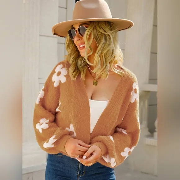 Fuzzy Soft Knit Daisy Flower Print Open Front Color Contrasting Cardigan Sweater