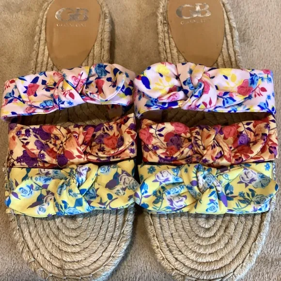 Gianni Bini Ruffle Sandals, Mixed Floral Prints, Size US 8.5,Three Fabric straps