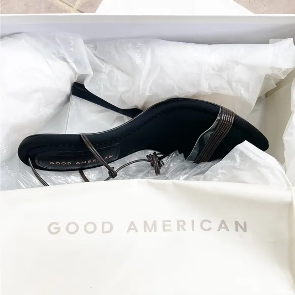 Good American Neoprene Clear Block Heel Clear and Brown Straps Sandals 5 New