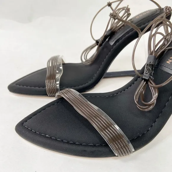 Good American Neoprene Clear Block Heel Clear and Brown Straps Sandals 5 New