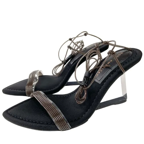 Good American Neoprene Clear Block Heel Clear and Brown Straps Sandals 5 New