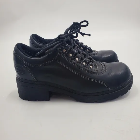 Harley-Davidson Black Leather Shoes Chunky Heels Y2K