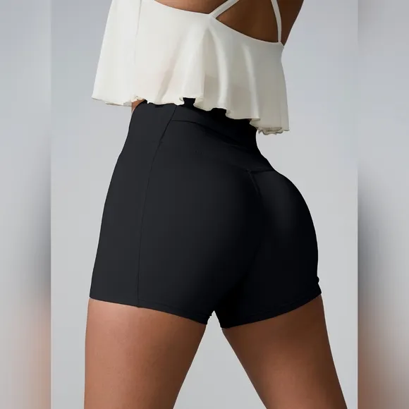High Rise Athletic Shorts Wide Waistband Back Pocket Yoga Activewear Black