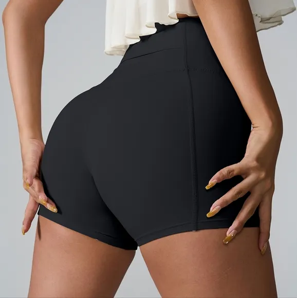 High Rise Athletic Shorts Wide Waistband Back Pocket Yoga Activewear Black
