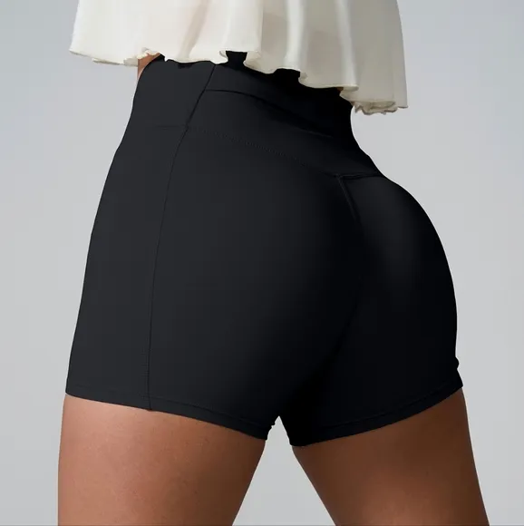 High Rise Athletic Shorts Wide Waistband Back Pocket Yoga Activewear Black