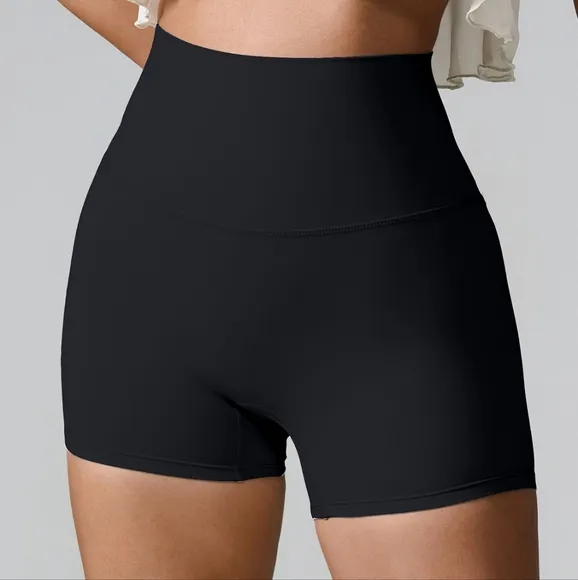 High Rise Athletic Shorts Wide Waistband Back Pocket Yoga Activewear Black