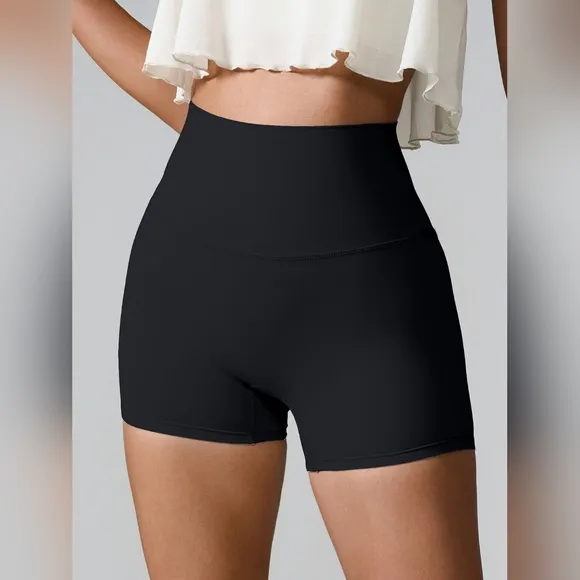 High Rise Athletic Shorts Wide Waistband Back Pocket Yoga Activewear Black