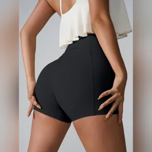 High Rise Athletic Shorts Wide Waistband Back Pocket Yoga Activewear Black