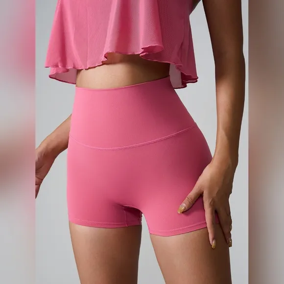 High Rise Athletic Shorts Wide Waistband Back Pocket Yoga Activewear Pink