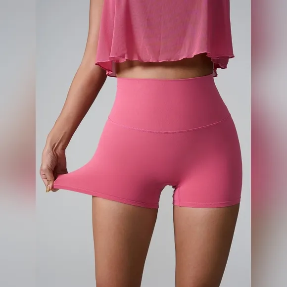 High Rise Athletic Shorts Wide Waistband Back Pocket Yoga Activewear Pink