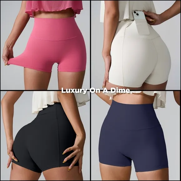 High Rise Athletic Shorts Wide Waistband Back Pocket Yoga Activewear Pink